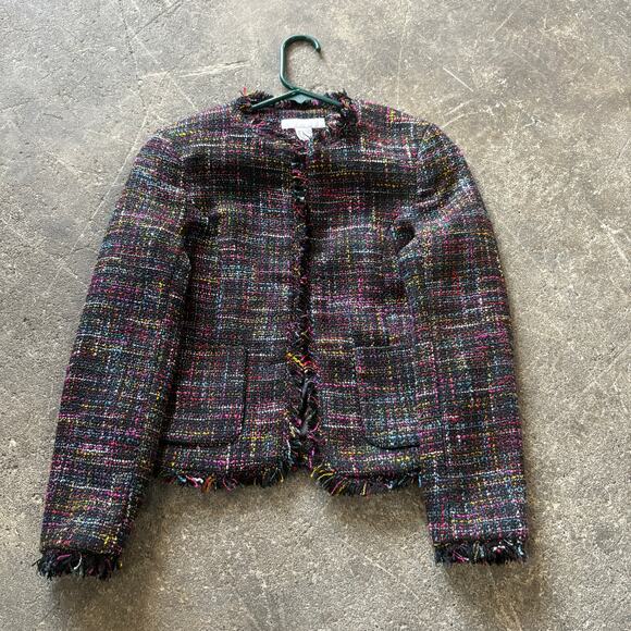 H&M Tweed Open Blazer Jacket Womens 2 Black Multicolor Designer Fashion - Picture 1 of 9